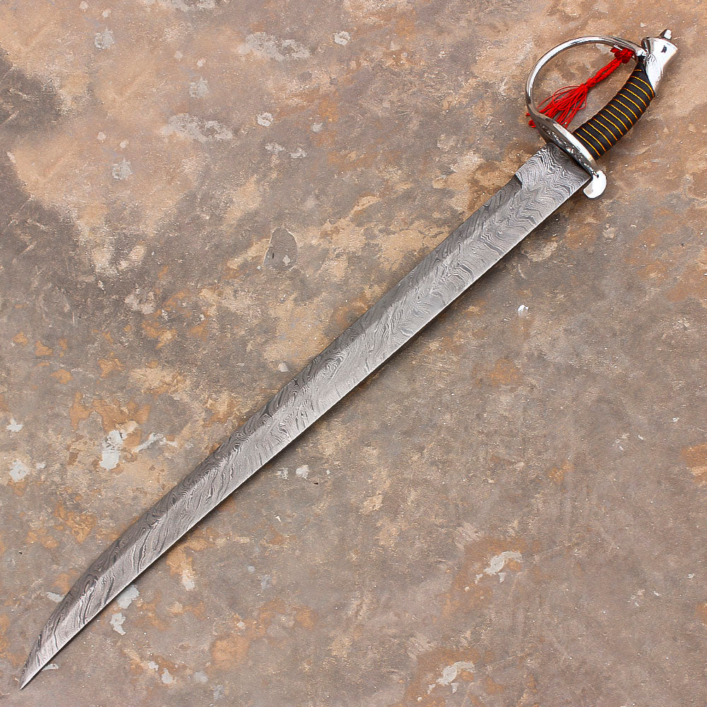 32" Hand Forged Damascus Steel Rat-Tail Cutlass Sword pirate sword With Leather Sheath - propswords