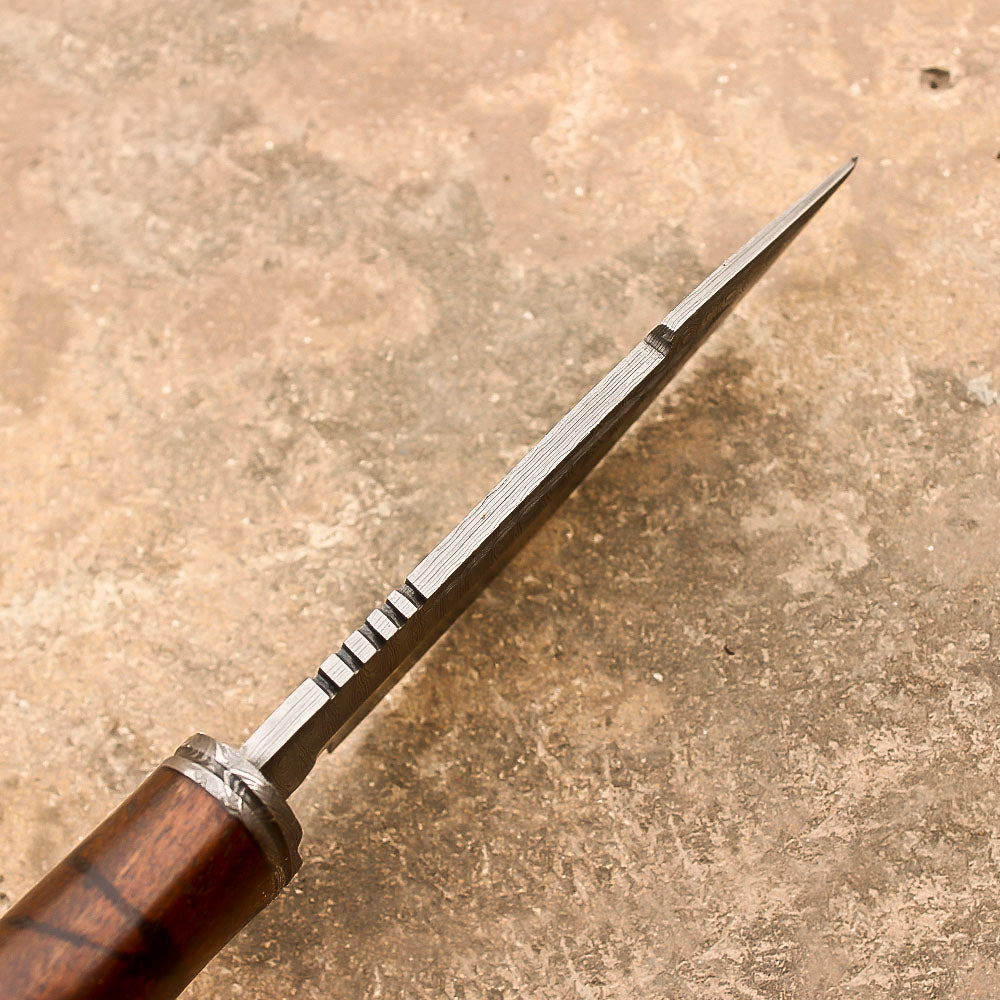 10" Damascus Steel Rat-Tail Survival Tactical Bobcat Bowie Knife With Leather Sheath-Rose Wood Handle - propswords