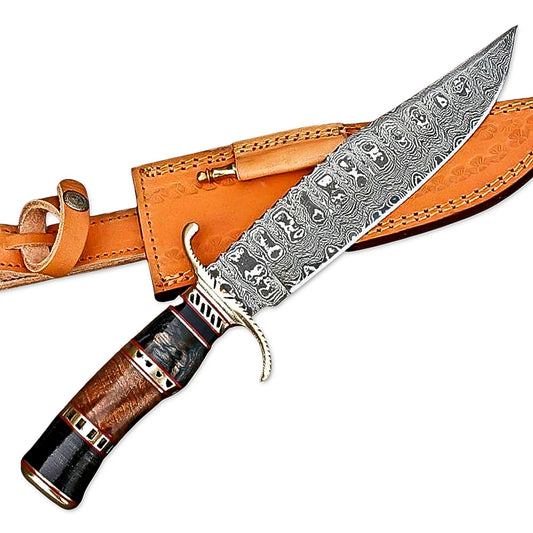 13" Handmade Damascus Steel Rat-Tail Bowie Knife Wood Handle With Leather Sheath-Outdoor, Camping, Hunting, Fishing - propswords