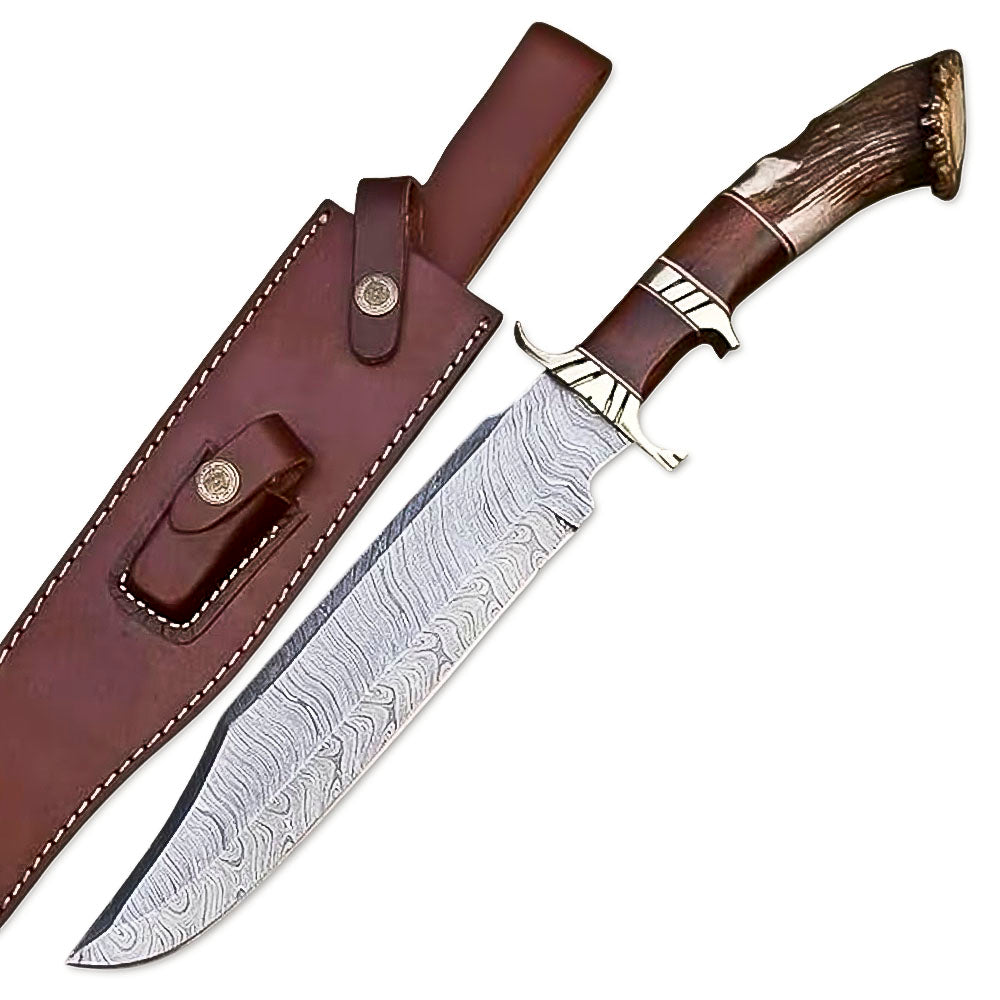 15" Handmade Damascus Steel Rat-Tail Bowie Hunting Knife Stag Antler Handle With Leather Sheath- Outdoor, Camping, Fishing, Hunting - propswords