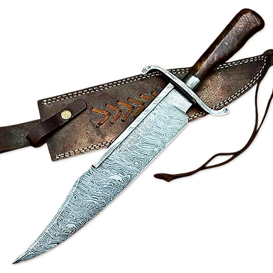 15" Handmade Damascus Steel Rat-Tail Bowie Knife Rose Wood Handle With Leather Sheath- Camping, Hunting, Outdoor - propswords