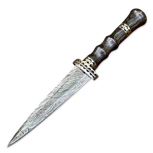 10" Handmade Damascus Steel Rta-Tail Dagger Knife With Leather Sheath- Hard Wood Handle - propswords