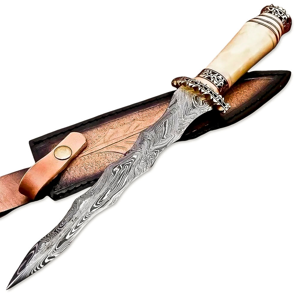 13" Handmade Damascu Steel Rat-Tail Duble Edge Kris Blade Dagger Knife Bone Handle With Leather Sheath - propswords