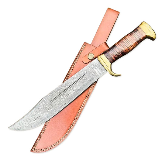 14" Handmade Damascus Steel Crocodile Dundee Knife, Bowie Knife, Hunting Knife With Leather Sheath - propswords