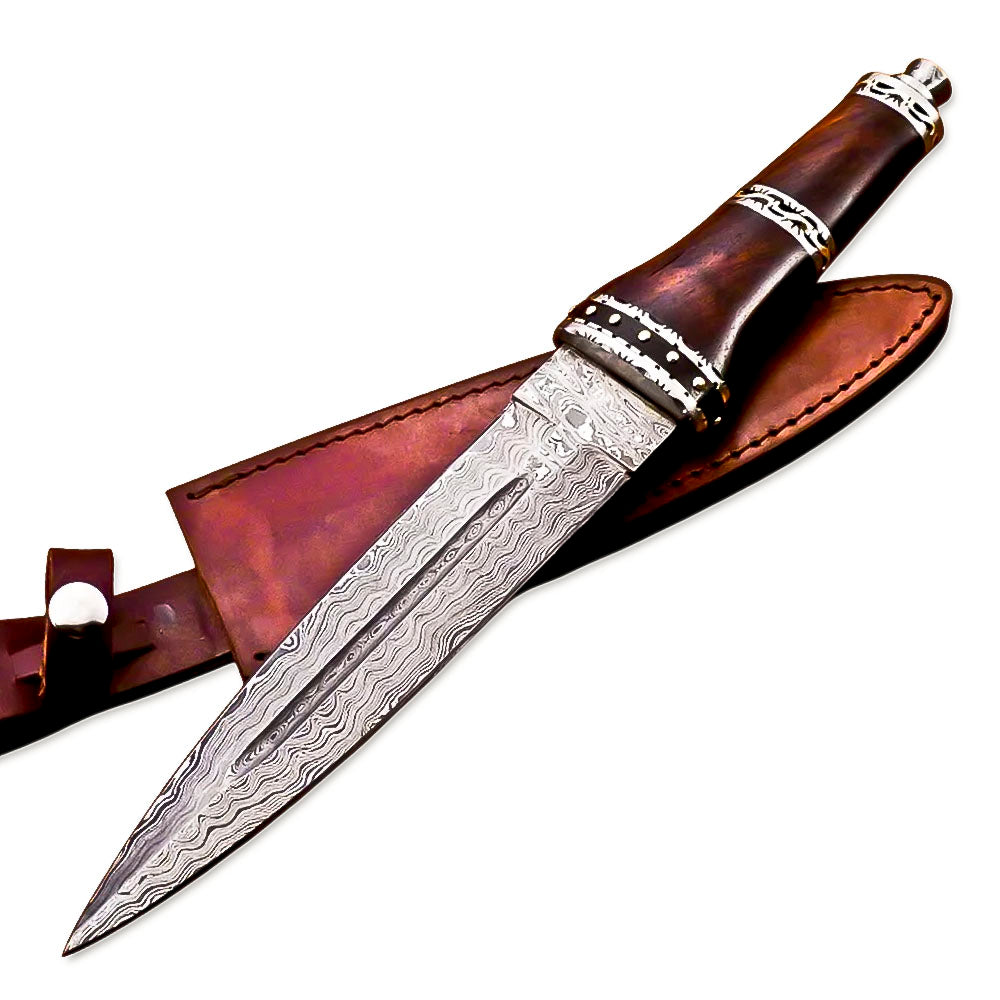 14" HandForged Damascus Steel Rat-Tail Dagger Knife Rose wood Handle With Leather Sheath - propswords