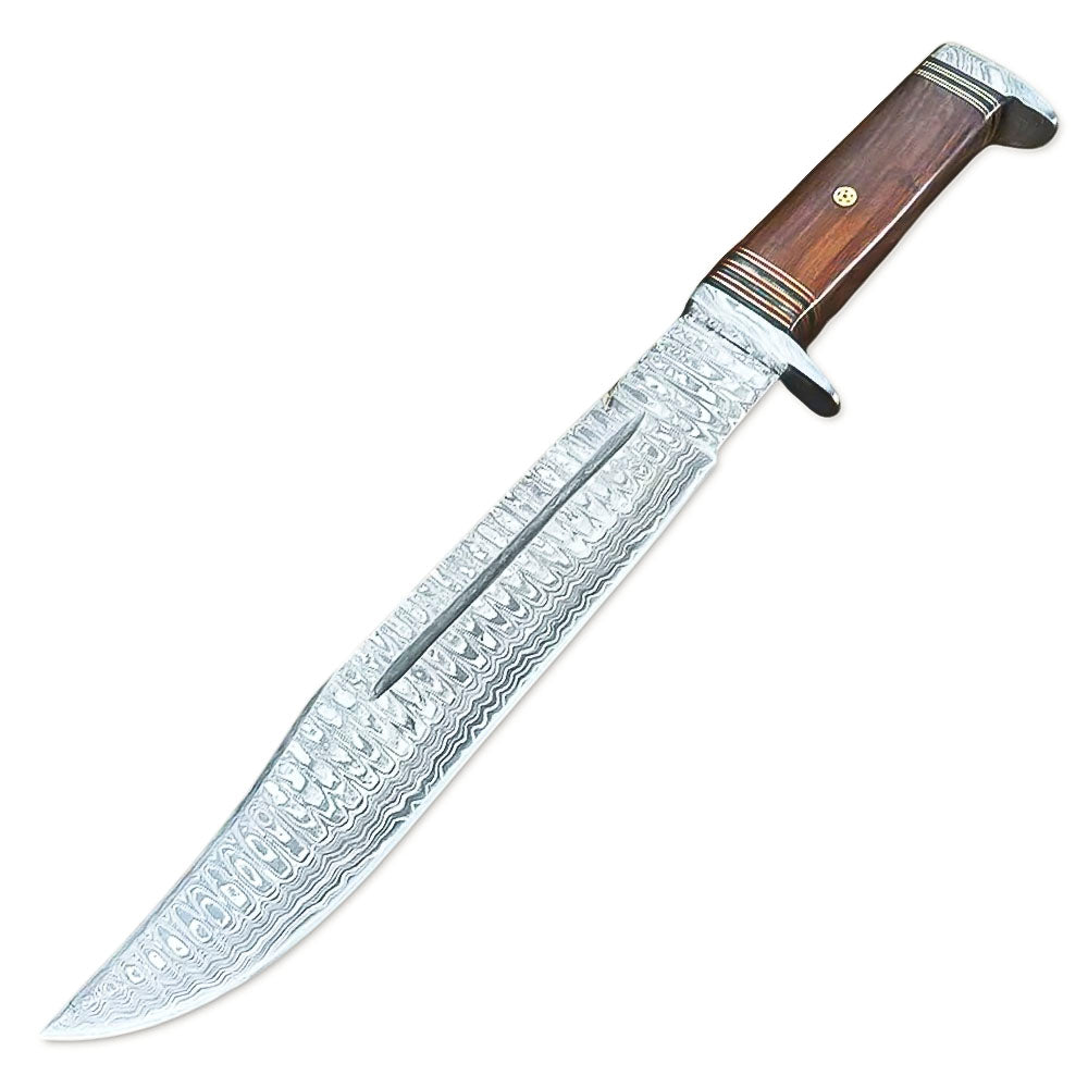 15" Handmade Damascus Steel Full Tang Bowie Knife Rose Wood Handle With Leather Sheath - propswords