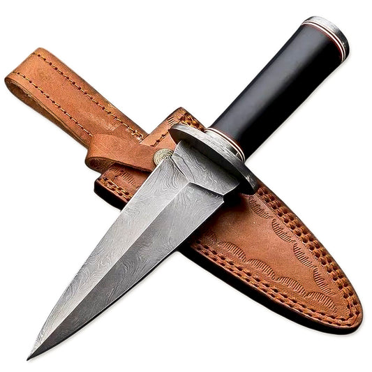 8" Handmade Damascus Steel Rat-Tail Double Edge Dagger Knife Micara Handle With Leather Sheath - propswords