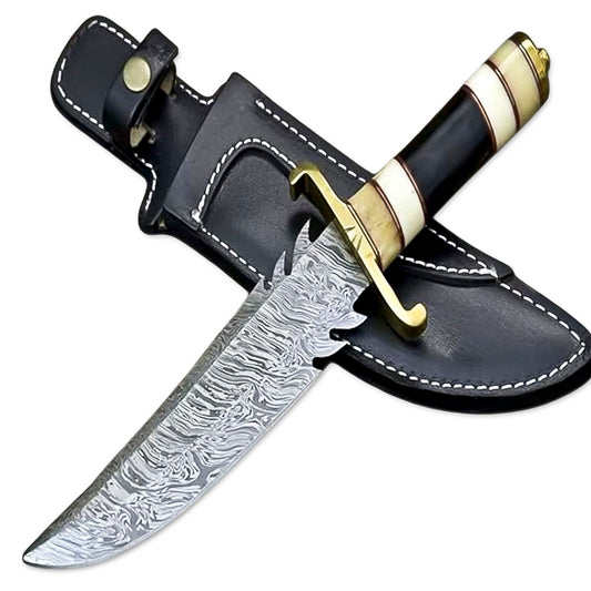 12” Hand Forged Damascus Steel Rat-Tail Bone & Buffalo Horn Handle Bowie Knife With Leather Sheath - propswords