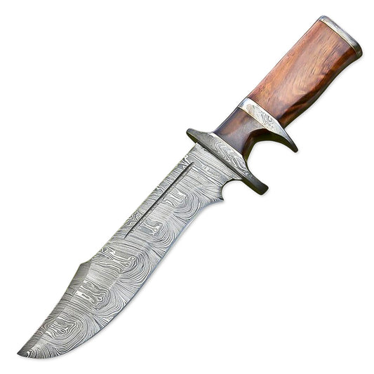 13” Handmade Damascus Steel Bowie Knife Rose wood Handle With Leather Sheath - propswords