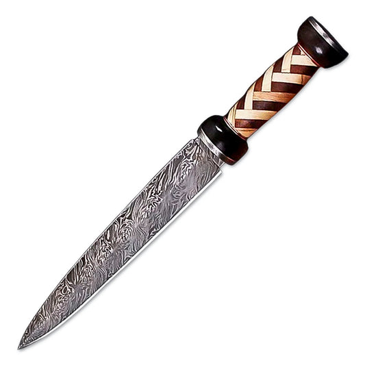 15" Handmade Damascus Steel Gladiator Double Edge Dagger Knife With Leather Sheath- Rose Wood & Olive Wood Handle - propswords