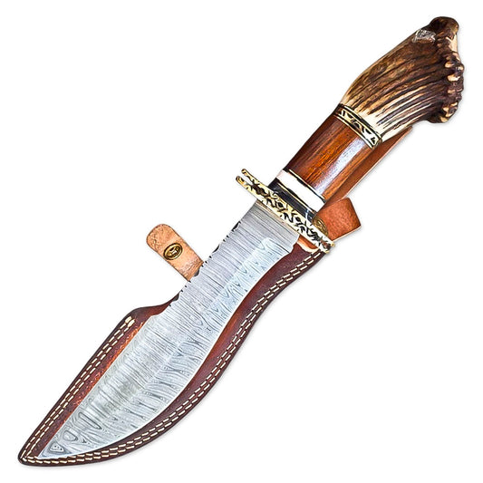 15” Handmade Damascus Steel Rat-Tail Bowie Knife Stag Antler& Rose wood Handle With Leather Sheath - propswords