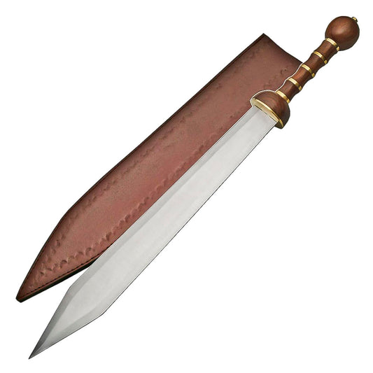 34” Handmade Wood and Brass Handle Roman Style Gladius Sword with Leather Sheath - propswords