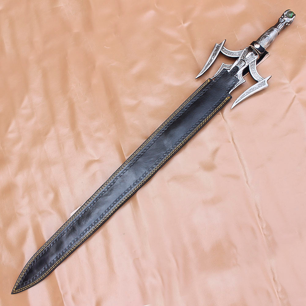 40" Hand Forged Damascus Steel Rat-Tail Batman Sword With Leather Sheath - propswords