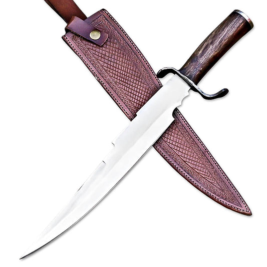 17” Handmade Stainless Steel Rat-Tail Rose Wood Handle Bowie Knife With Leather Sheath - propswords