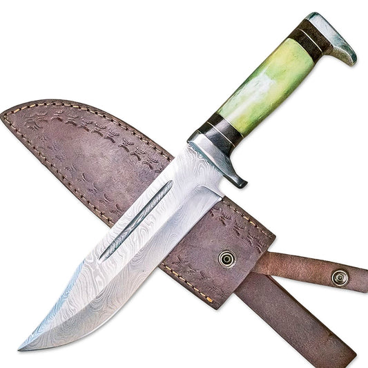 13” Handmade Damascus Steel Bowie Knife Colored Bone Handle With Leather Sheath - propswords