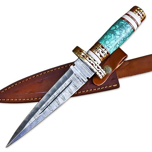 13" HandForged Damascus Steel Rat-Tail Double Edge Dagger Knife Resin & Bone Handle With Leather Sheath - propswords