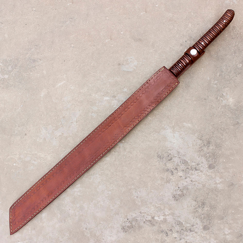 28" Handmade Damascus Steel Hunting Sword Machete Style With Leather Sheath - propswords