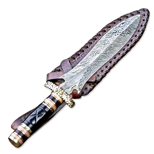 13" HandForged Damascus Steel Rat-Tail Double Edge Dagger Knife Buffalo Horn & Bone Handle With Leather Sheath - propswords