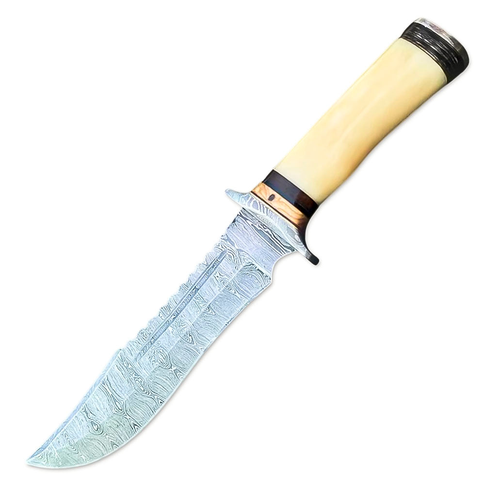 13" Handmade Damascus Steel Rat-Tail Bowie Hunting Knife Bone Handle With Leather Sheath Outdoor, Camping, Fishing - propswords