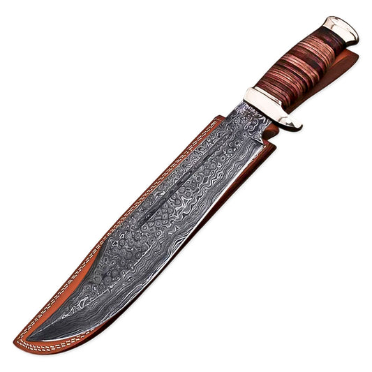 15" Handmade Damascus Steel Rat-Tail Bowie Knife Hunting Knife Wood Handle With Leather Sheath, Camping, Hunting, Fishing, Outdoor - propswords