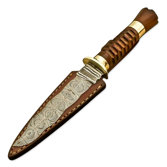 12" Handforged Damascus Steel Rat-Tail Dagger Knife With Leather Sheath-Rose Wood Handle - propswords