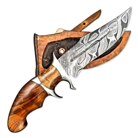 10" Handmade Damascus Steel Rat-Tail Rose Wood Handle Bowie Knife With Leather Sheath - propswords