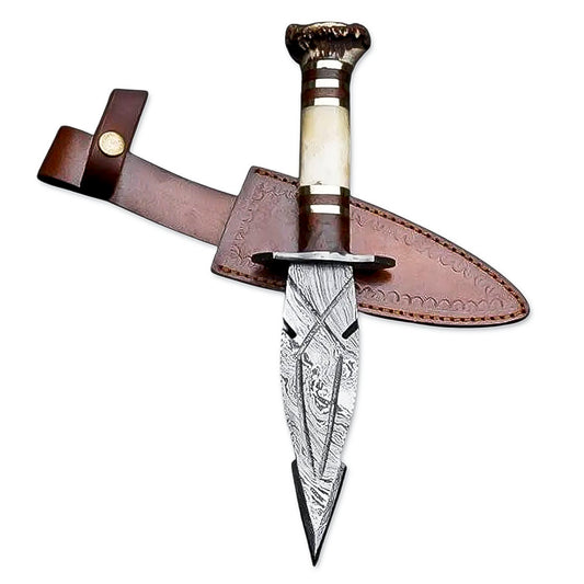 10" Handmade Damascus Steel Rat-Tail Dagger Knife With Leather Sheath- Stag antler & Bone Handle - propswords