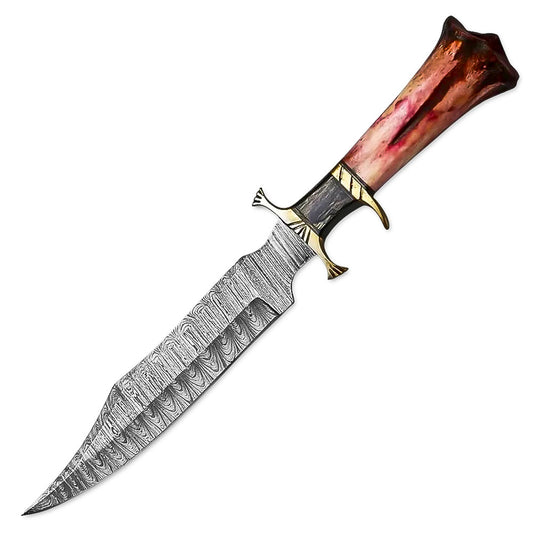15" Handmade Damascus Steel Rat-Tail Bowie Knife With Leather Sheath Color Bone Handle - propswords