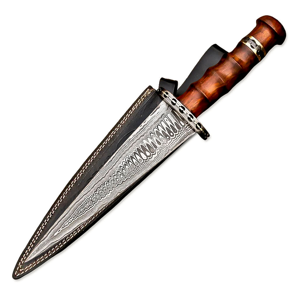 15" Hand Forged Damascus Steel Rat-Tail Dagger Knife Rose wood Handle With Leather Sheath - propswords