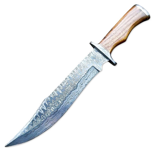 15" Handmade Damascus Steel Rat-Tail Bowie Knife Rose wood Handle With Leather Sheath - propswords