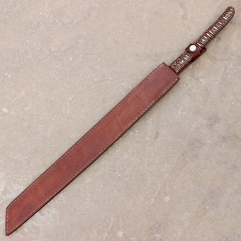 28" Hand Forged Damascus Steel Full Tang Machete Knife Outdoor Hunting Knife With Leather Sheath - propswords