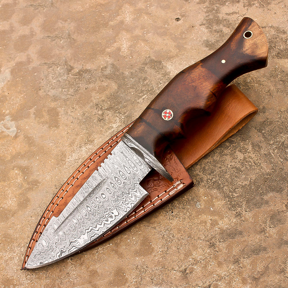 10" Damascus Steel Rat-Tail Survival Tactical Bobcat Bowie Knife With Leather Sheath-Rose Wood Handle - propswords