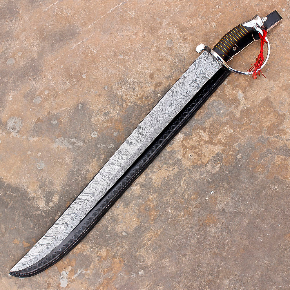 32" Hand Forged Damascus Steel Rat-Tail Cutlass Sword pirate sword With Leather Sheath - propswords