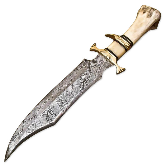 16" Handmade Damascus Steel Rat-Tail Bowie Hunting Knife Survival Knife Bone Handle With Leather Sheath - propswords