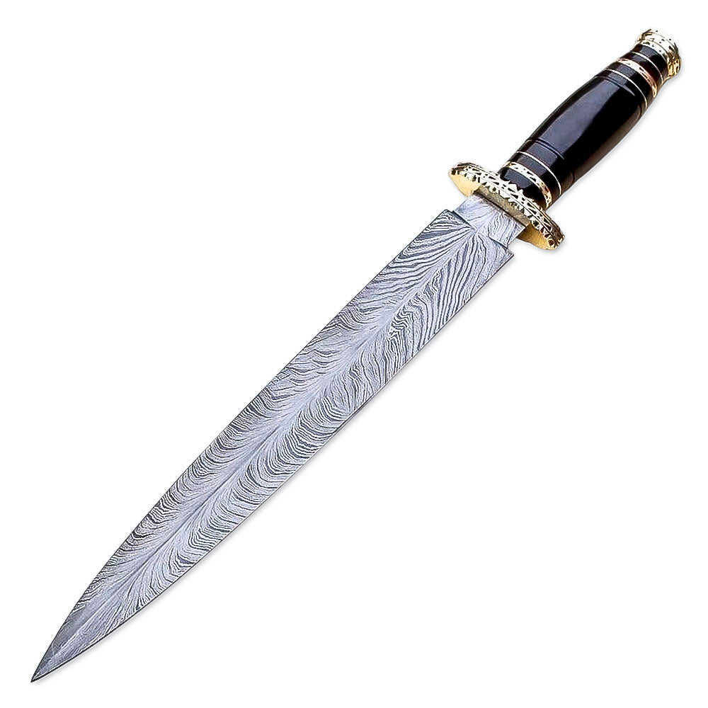 15" Handmade Damascus Steel Rat-Tail Dagger Knife With Leather Sheath- Buffalo Horn Handle - propswords