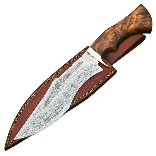 14"Handmade Damascus Steel Bowie Hunting Knife Rose Wood Handle With Leather Sheath - propswords
