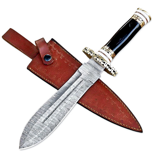 12" Handmade Damascus Steel Dagger Knife With Leather Sheth- Bone & Buffalo Horn Handle - propswords