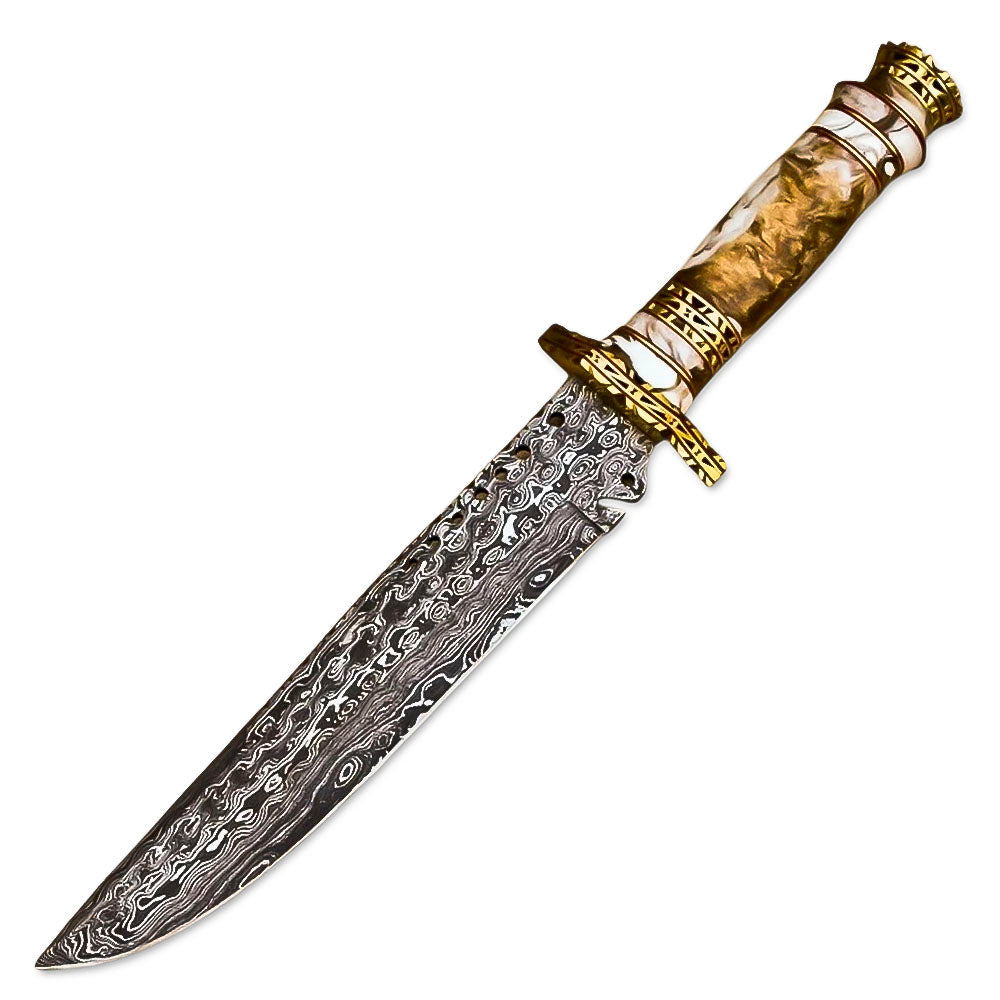 13” Handmade Damascus Steel Bowie Hunting Knife Texture Bone Handle With Leather Sheath - propswords
