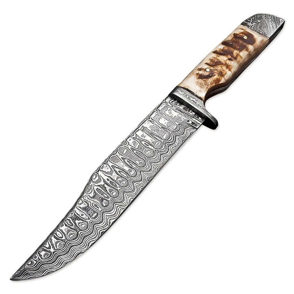 12" Handmade Damascus Steel Full Tang Bowie Hunting Knife Ram Horn Handle With Leather Sheath - propswords