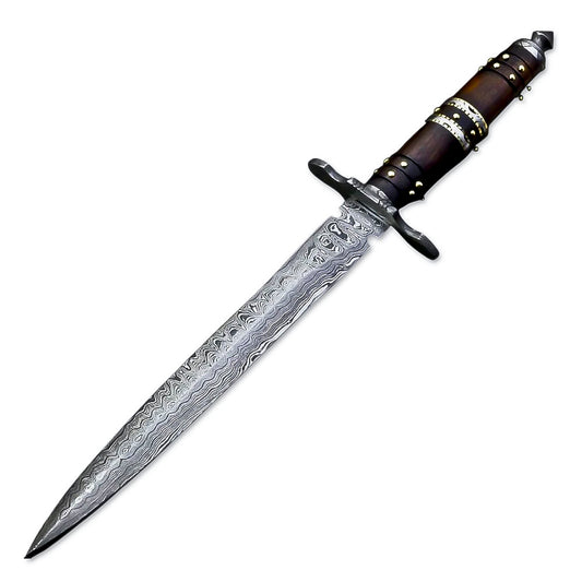 15" Handmade Damascus Steel Rat-Tail Double Edge Dagger Knife With Leather Sheath- Rose Wood Handle - propswords