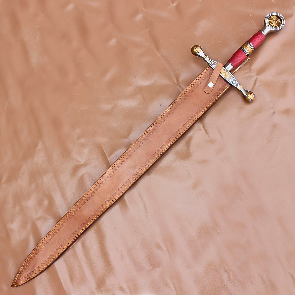 40" Custom Damascus Steel Rat-Tail Football Sword With Leather Sheath - propswords