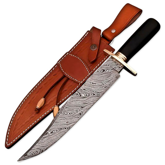 15" Handmade Damascus Steel Rat-Tail Hunting Bowie Knife Micarta Handle With Leather Sheath - propswords