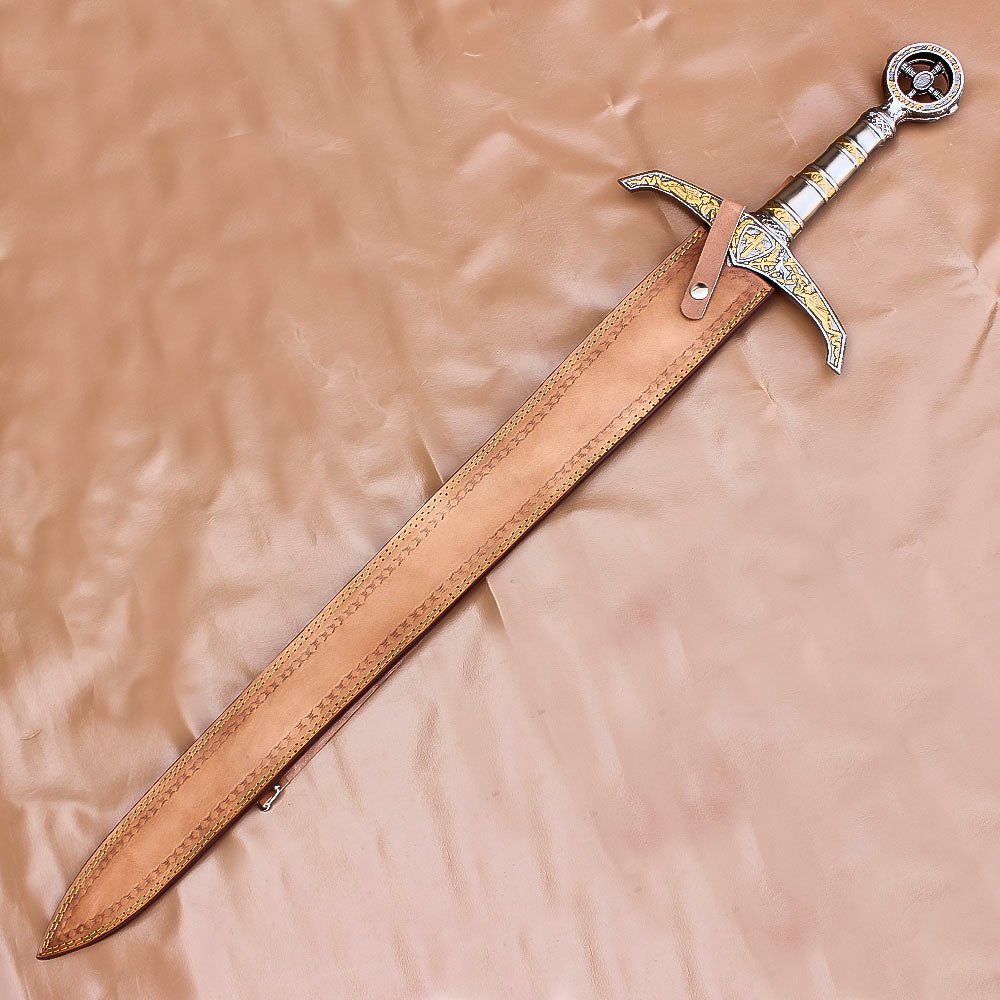 40" Hand Forged Damascus Steel Rat-Tail Locksley Sword With Leather Sheath - propswords