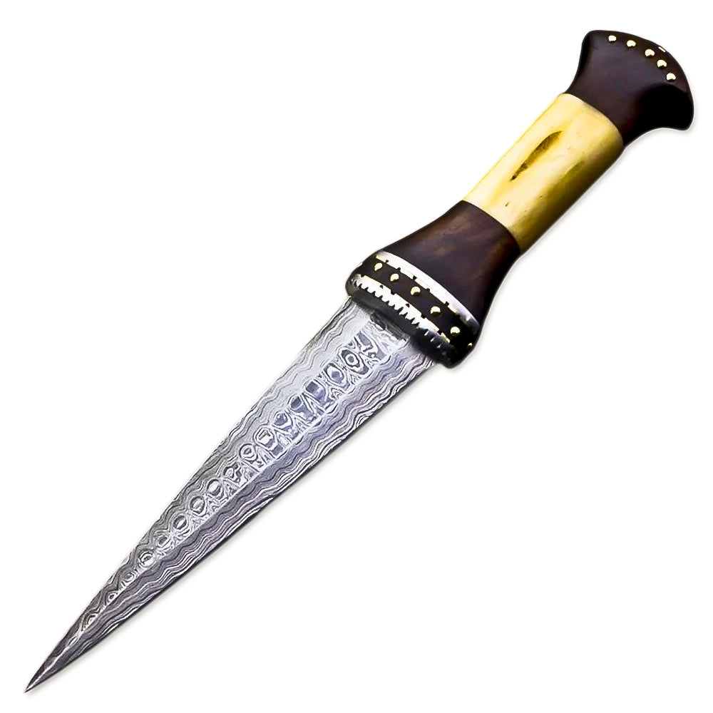 13" Handmade Damascus Steel Rat-Tail Dagger Knife Bone & Rose wood Handle With Leather Sheath - propswords