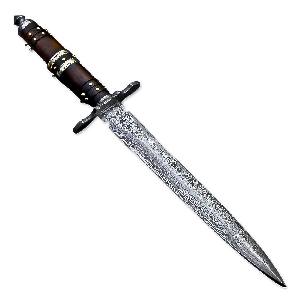 15" Handmade Damascus Steel Rat-Tail Double Edge Dagger Knife With Leather Sheath- Rose Wood Handle - propswords