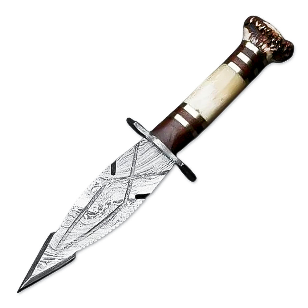 10" Handmade Damascus Steel Rat-Tail Dagger Knife With Leather Sheath- Stag antler & Bone Handle - propswords