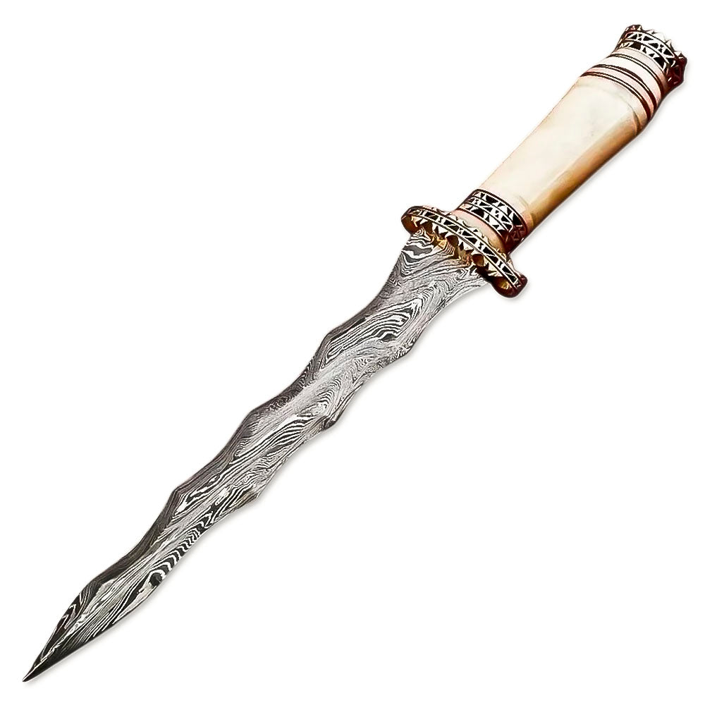 13" Handmade Damascu Steel Rat-Tail Duble Edge Kris Blade Dagger Knife Bone Handle With Leather Sheath - propswords