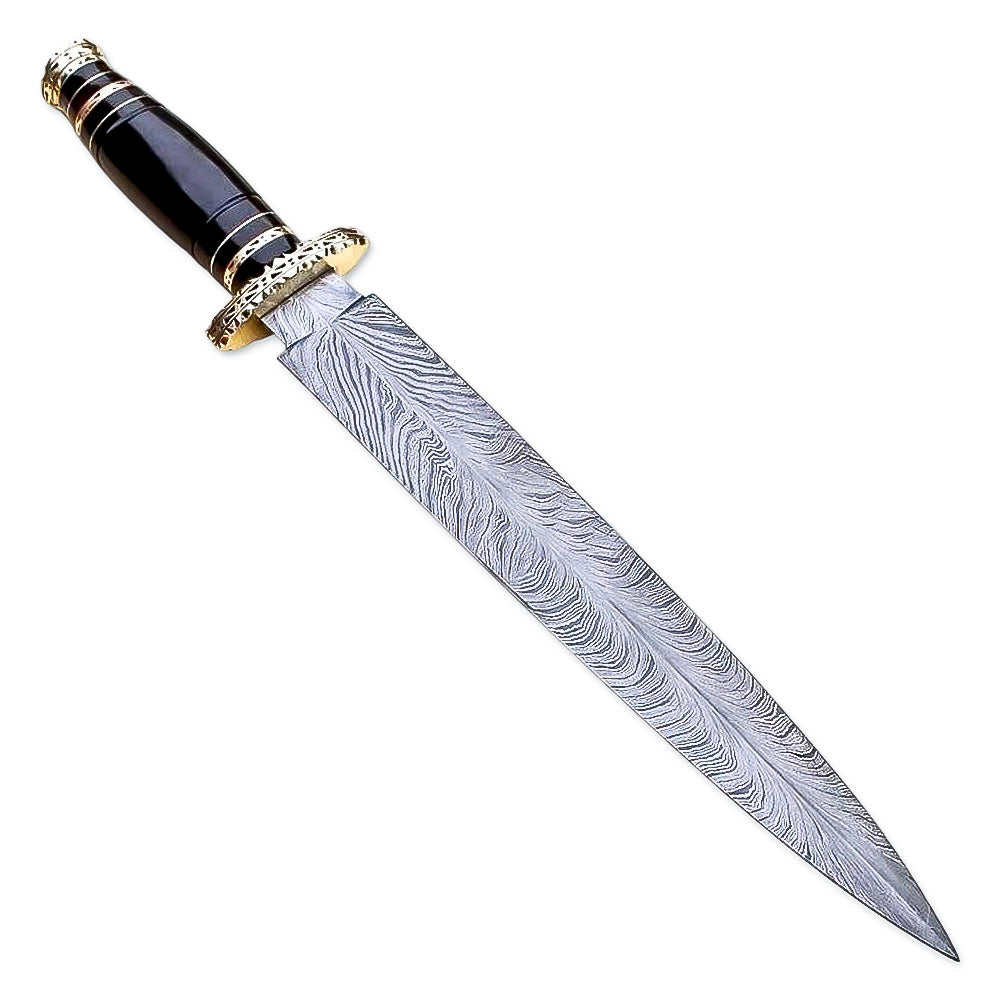 15" Handmade Damascus Steel Rat-Tail Dagger Knife With Leather Sheath- Buffalo Horn Handle - propswords
