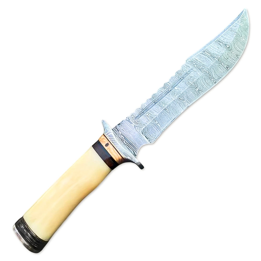 13" Handmade Damascus Steel Rat-Tail Bowie Hunting Knife Bone Handle With Leather Sheath Outdoor, Camping, Fishing - propswords