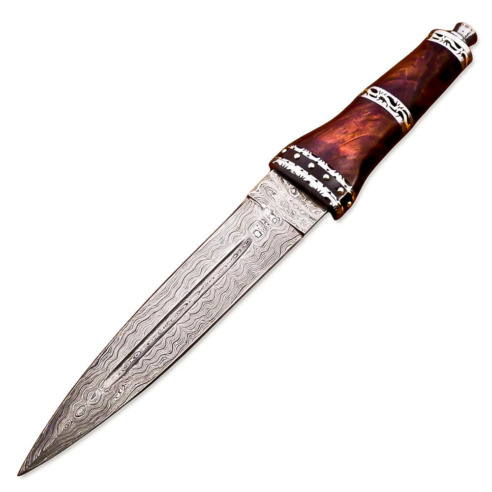 14" HandForged Damascus Steel Rat-Tail Dagger Knife Rose wood Handle With Leather Sheath - propswords